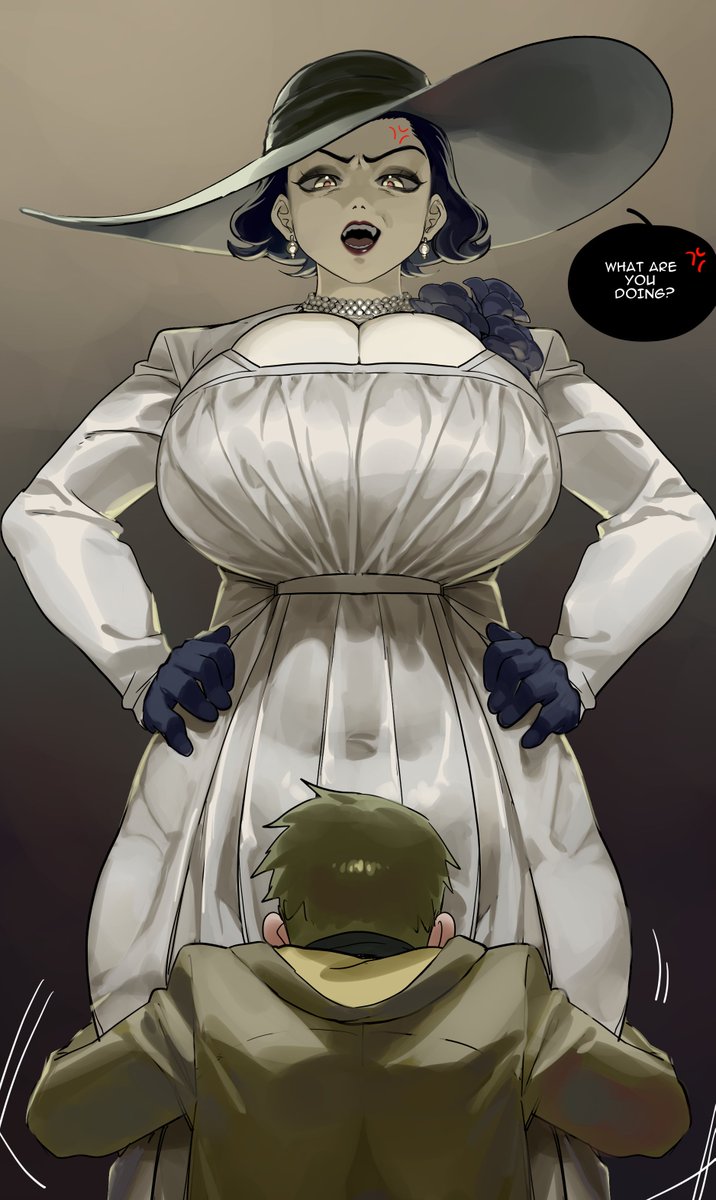 1boy 1girl alcina_dimitrescu anger_vein bead_necklace beads black_hair breasts colored_skin commentary covered_navel dress earrings english_commentary english_text ethan_winters face_in_crotch flower from_behind gloves gradient_background grey_background hands_on_own_hips hat highres huge_breasts jewelry long_sleeves looking_at_viewer motion_lines necklace nia_(nia4294) nostrils open_mouth red_lips resident_evil resident_evil_village short_hair v-shaped_eyebrows white_dress white_hat white_skin