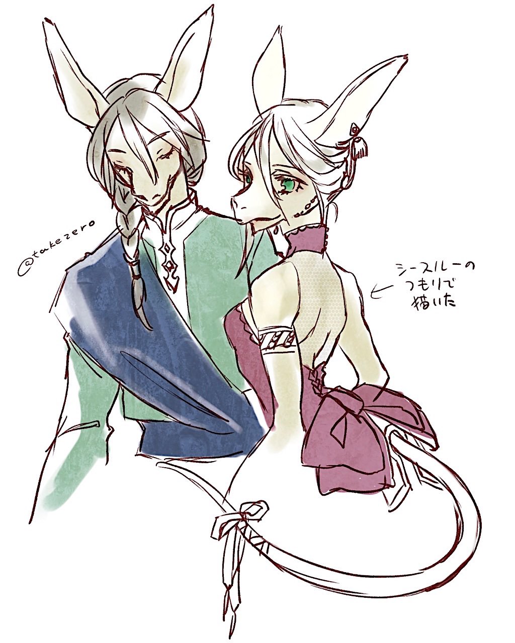1boy 1girl animal_ears armlet bare_shoulders blue_sash braid breasts burmecian closed_eyes commentary_request couple dress earrings final_fantasy final_fantasy_ix fratley freija_crescent green_eyes green_shirt grey_hair hagihara_takeo hair_between_eyes hair_over_shoulder halter_dress halterneck hetero highres jewelry long_hair long_sleeves medium_breasts medium_hair mouse_boy mouse_ears mouse_girl mouse_tail red_dress ribbon sash shirt single_braid sketch tail tail_ornament tail_ribbon translation_request twitter_username upper_body white_background