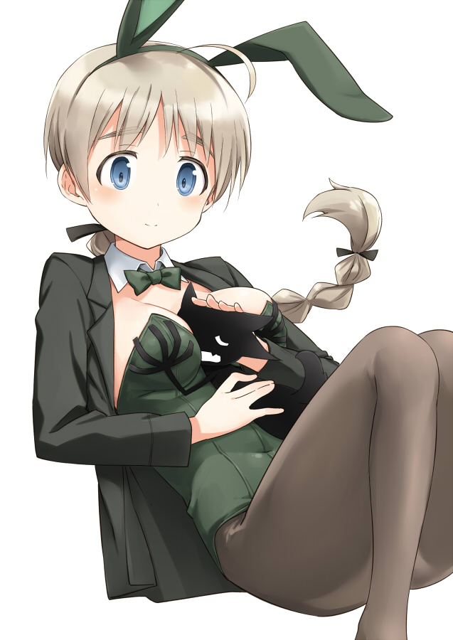 1girl animal_ears animalization between_breasts blue_eyes blush bow bowtie braid braided_ponytail breasts brown_hair cleavage detached_collar fake_animal_ears grabbing_another&#039;s_breast green_leotard groping jacket leotard long_sleeves lynette_bishop miyafuji_yoshika pantyhose playboy_bunny rabbit_ears shikou_sakugo_(qqap9gt9k) strapless strapless_leotard strike_witches suit_jacket world_witches_series