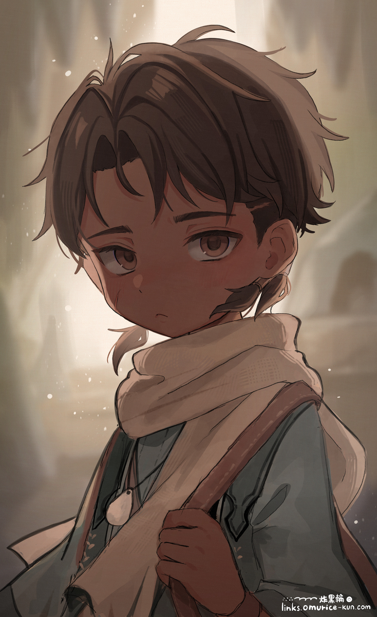 1boy bag brown_eyes brown_hair child highres holding holding_bag jewelry light_particles male_focus monster_hunter_(series) monster_hunter_wilds nata_(monster_hunter_wilds) necklace omurice_(roza4957) parted_bangs scar scar_on_face scarf short_hair