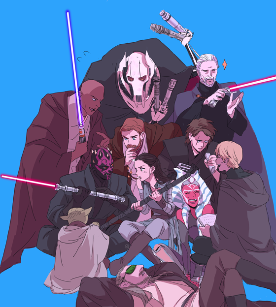 0109_(artist) ahsoka_tano anakin_skywalker animification beard blonde_hair blue_background blue_eyes cape closed_eyes count_dooku dark-skinned_male dark_skin darth_maul energy_sword facial_hair father_and_son general_grievous lightsaber luke_skywalker mace_windu mustache obi-wan_kenobi open_mouth purple_lightsaber qui-gon_jinn red_lightsaber rey_(star_wars) scar scar_across_eye scar_on_face simple_background star_wars sword weapon yoda