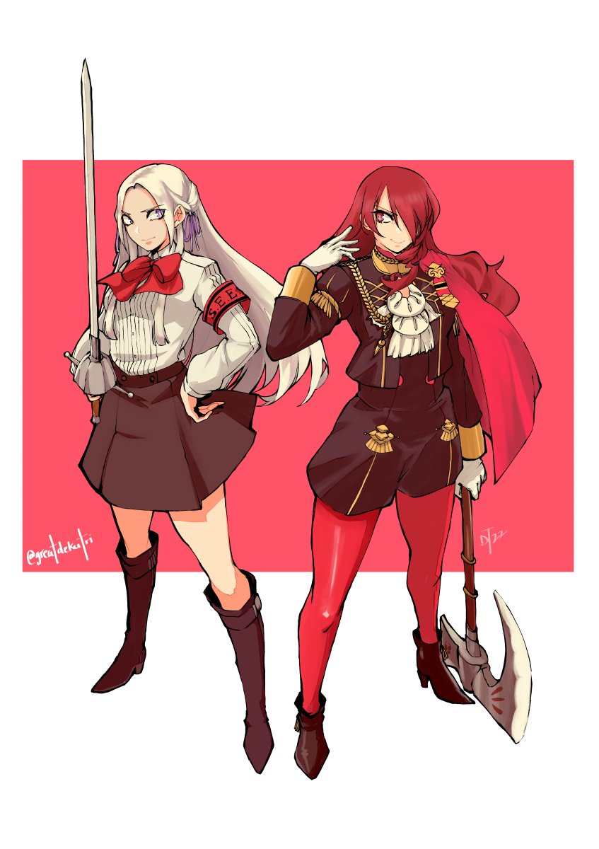 2girls artist_request blue_eyes blush boots breasts cape closed_mouth cosplay costume_switch edelgard_von_hresvelg edelgard_von_hresvelg_(cosplay) female_focus fire_emblem fire_emblem:_three_houses full_body garreg_mach_monastery_uniform gekkoukan_high_school_uniform gloves hair_between_eyes hair_ornament hair_ribbon highres kirijou_mitsuru kirijou_mitsuru_(cosplay) kneehighs long_hair long_sleeves looking_at_viewer multiple_girls nintendo pantyhose persona persona_3 purple_eyes red_cape red_hair ribbon school_uniform simple_background skirt smile socks tara_platt voice_actor_connection weapon white_hair