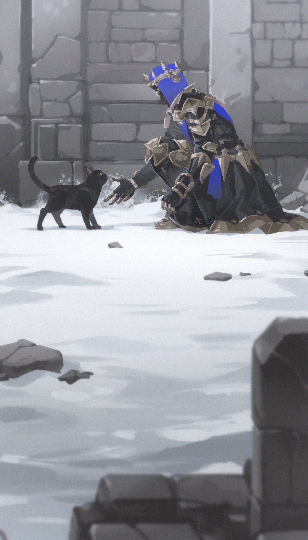 1other ambiguous_gender animal armor armored_dress black_cat cat dark_knight_(final_fantasy) day dress final_fantasy final_fantasy_xiv fray_myste from_side highres on_one_knee other_focus outdoors pauldrons rock shoulder_armor snow stone_wall wide_shot zmeoow