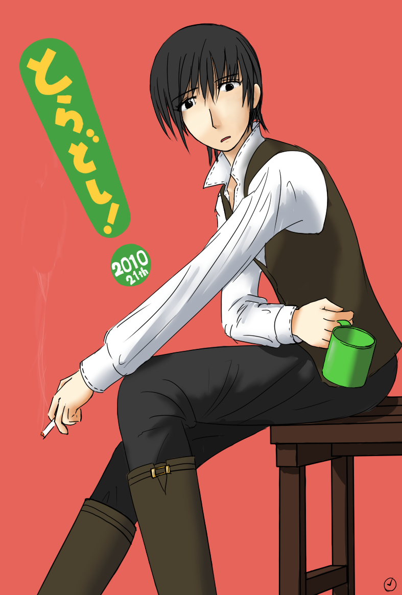 bad_id bad_pixiv_id black_eyes black_hair boots cigarette cup short_hair solo torako_(yotsubato!) vest yotsubato!