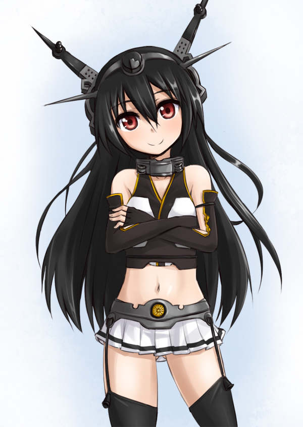 10s 1girl aged_down bad_id bad_pixiv_id black_hair crossed_arms female_focus garter_straps hairband kantai_collection long_hair looking_at_viewer midriff nagato_(kancolle) navel personification red_eyes silent_sakia smile solo thighhighs