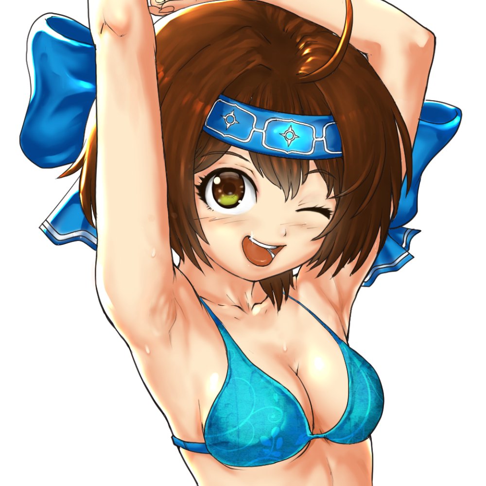1girl armpits arms_behind_head bikini blue_bikini breasts brown_eyes brown_hair cleavage hair_ribbon looking_at_viewer medium_breasts one_eye_closed open_mouth ribbon rimururu samurai_spirits short_hair smile snk solo sweat swimsuit teeth tongue wink