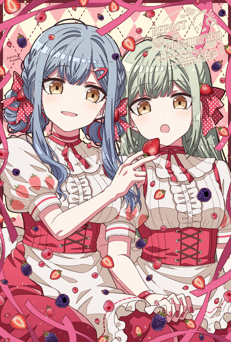 2girls :d :o apron argyle_background bang_dream! bang_dream!_it&#039;s_mygo!!!!! between_fingers blue_hair bow brown_eyes center_frills commentary_request double_bun english_text feeding food frilled_apron frills fruit green_hair hair_bow hair_bun highres holding holding_food long_hair multiple_girls nail_polish open_mouth pink_nails polka_dot polka_dot_bow puffy_short_sleeves puffy_sleeves red_bow red_skirt sakura_tsubame shirt short_sleeves skirt smile strawberry suspender_skirt suspenders sweets_paradise togawa_sakiko very_long_hair waist_apron wakaba_mutsumi watermark white_apron white_shirt