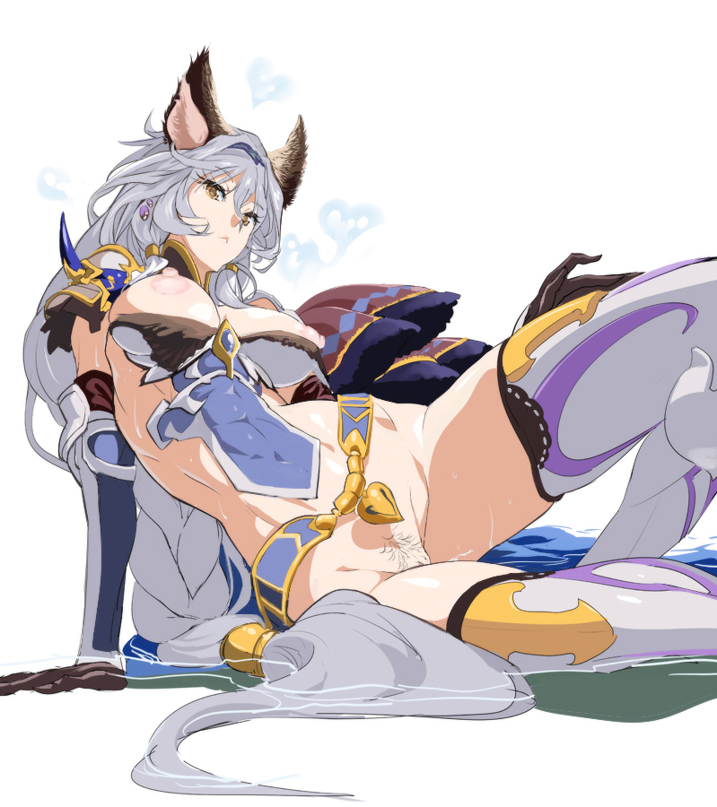 1girl animal_ears blue_hair breasts cleavage earrings erune female_pubic_hair gloves granblue_fantasy heart heles jewelry large_breasts long_hair looking_at_viewer nipples ponytail pubic_hair puffy_nipples pussy revision shino_(comic_penguin_club) sitting solo sweat thighhighs very_long_hair yellow_eyes