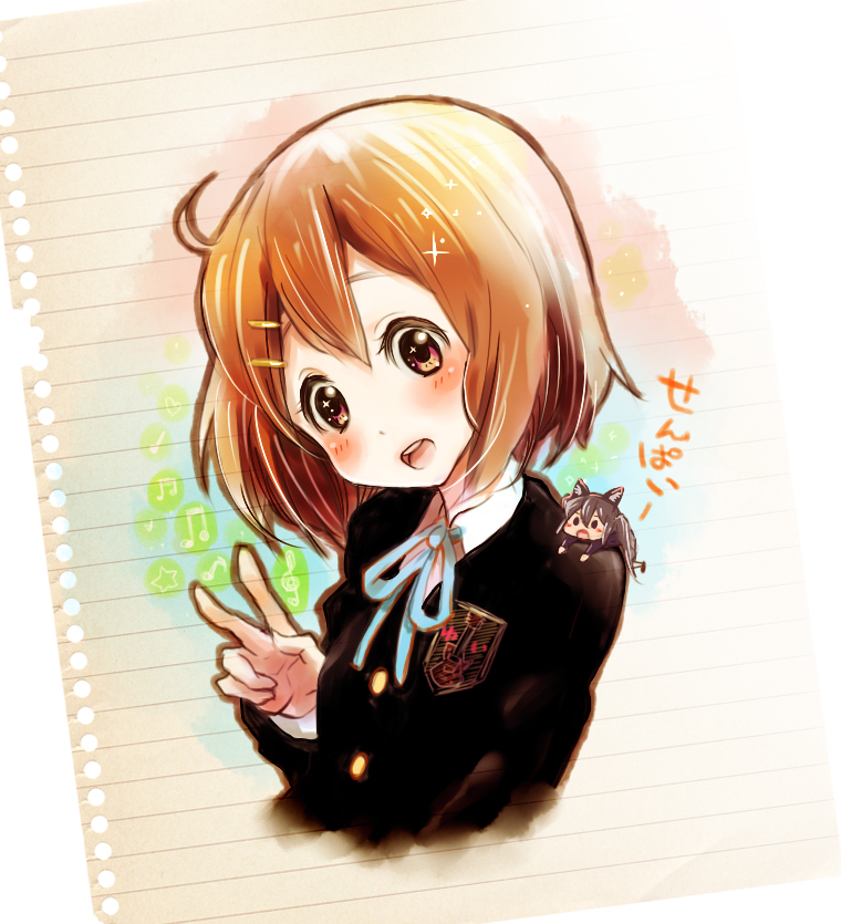 +_+ 2girls brown_eyes brown_hair chibi eyebrows_hidden_by_hair hirasawa_yui k-on! mini_person minigirl minimaru multiple_girls nakano_azusa school_uniform short_hair teeth upper_teeth_only v