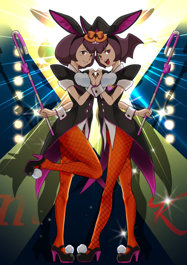 2girls ace_attorney animal_ears betty_de_famme black_coat black_footwear bonny_de_famme brown_hat cane coat coattails commentary_request drop_shadow fake_animal_ears fishnet_pantyhose fishnets full_body hat high_heels holding holding_cane leotard mini_hat multiple_girls pantyhose phoenix_wright:_ace_attorney_-_spirit_of_justice playboy_bunny pncnmmm protected_link purple_hair rabbit_ears red_eyes short_hair siblings sisters spotlight stage_lights tailcoat twins wing-shaped_hair wrist_cuffs