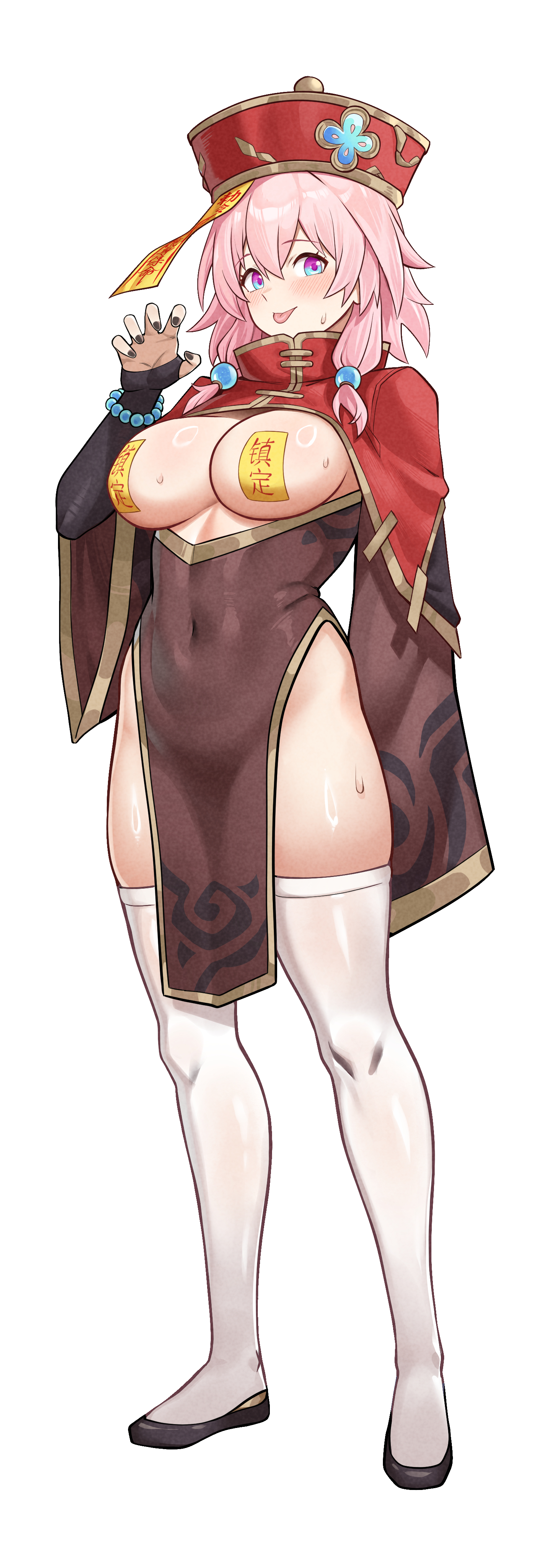 1girl :p absurdres alternate_costume black_footwear black_nails blue_eyes bonz_(bonz0616) breasts china_dress chinese_clothes claw_pose cleaned commentary covered_navel cropped dress english_commentary flats halloween_costume hat highres honkai:_star_rail honkai_(series) jiangshi jiangshi_costume large_breasts long_sleeves looking_at_viewer march_7th_(honkai:_star_rail) md5_mismatch multicolored_eyes nail_polish ofuda ofuda_on_nipples pasties pelvic_curtain pink_hair purple_eyes red_hat resolution_mismatch shiny_skin short_hair smile source_mismatch thighhighs third-party_edit tongue tongue_out two-tone_eyes white_thighhighs