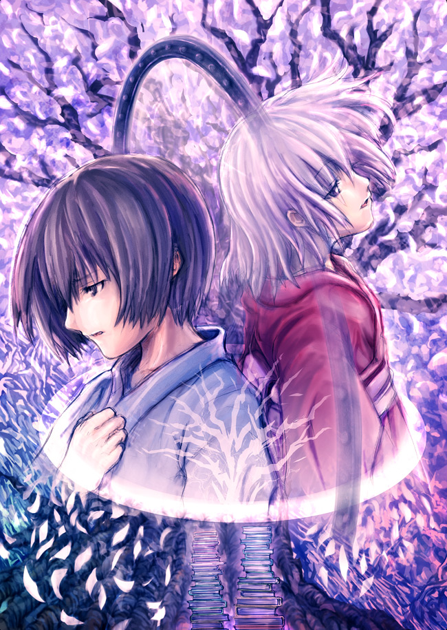 2boys akishiro_haruya asakura_miu bad_id bad_pixiv_id brown_hair bungaku_shoujo cherry_blossoms inoue_konoha japanese_clothes kimono male_focus multiple_boys nature plant purple_eyes short_hair silver_hair