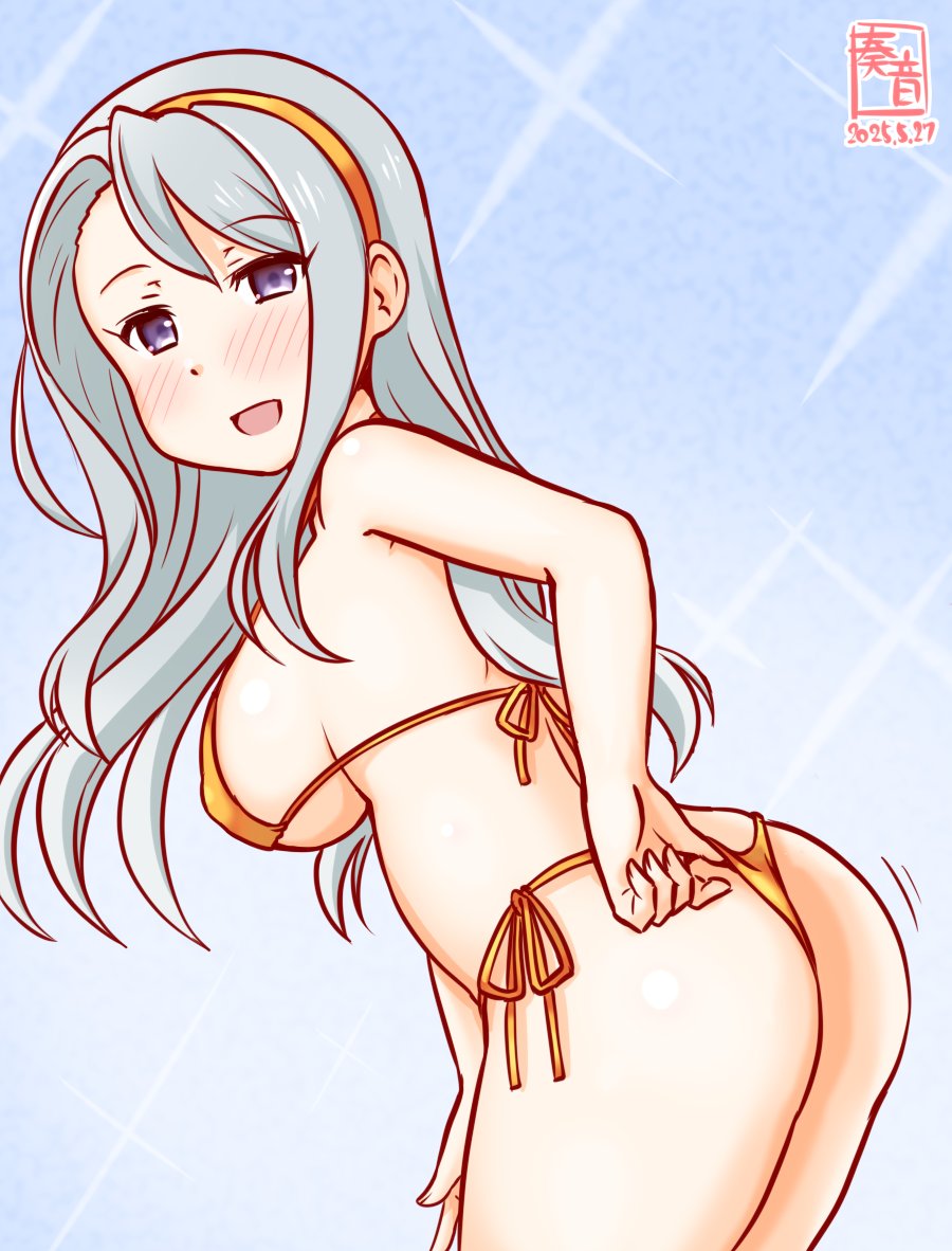 1girl alternate_breast_size alternate_costume artist_logo ass back bikini blue_dress blush breasts cowboy_shot dated dress gold_bikini grey_hair hairband kanon_(kurogane_knights) kantai_collection logo long_hair looking_at_viewer looking_to_the_side medium_breasts open_mouth purple_eyes sagiri_(kancolle) smile solo swimsuit thong_bikini