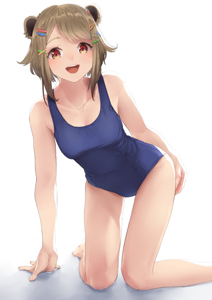 1girl alternate_costume animare atsushima barefoot blue_one-piece_swimsuit blush breasts commentary_request foot_out_of_frame konan_mia light_brown_hair looking_at_viewer medium_breasts meerkat_ears nanashi_inc. one-piece_swimsuit open_mouth round_teeth short_hair smile solo swept_bangs swimsuit teeth too_many_hair_ornaments upper_teeth_only virtual_youtuber white_background