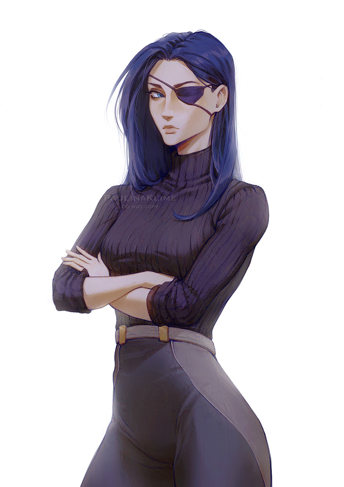 1girl arcane:_league_of_legends arcane_caitlyn artist_name belt blue_eyes blue_hair caitlyn_(league_of_legends) crossed_arms eyepatch league_of_legends long_hair looking_at_viewer paulina_klime simple_background sleeves_rolled_up solo standing turtleneck watermark white_background