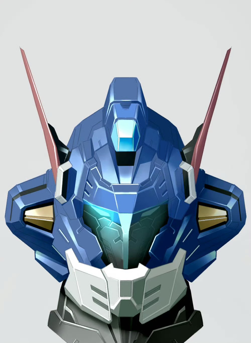 assault_visor blue_eyes commentary_request grey_background gundam guntank head_only highres looking_at_viewer mecha mecha_focus mobile_suit mobile_suit_gundam mosiaz328 no_humans redesign robot science_fiction simple_background solo
