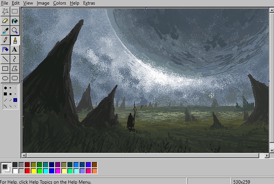 1other art_program_in_frame christian_young commentary english_commentary film_grain from_behind full_body holding holding_staff karst landscape microsoft_paint_(medium) microsoft_paint_(software) microsoft_windows mini_person moon original outdoors painterly scenery staff standing windows_98 windows_classic
