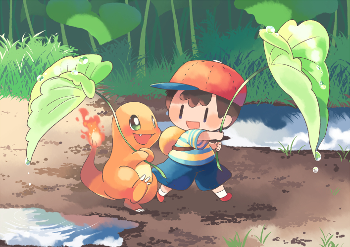 1boy black_hair blue_shorts charmander chibi chibi_only flame-tipped_tail gen_1_pokemon grass hitofutarai holding holding_leaf leaf leaf_umbrella male_focus mother_(series) mother_2 ness_(mother_2) nintendo open_mouth outdoors pokemon pokemon_(creature) puddle red_hair shirt shorts striped_clothes striped_shirt yellow_bag