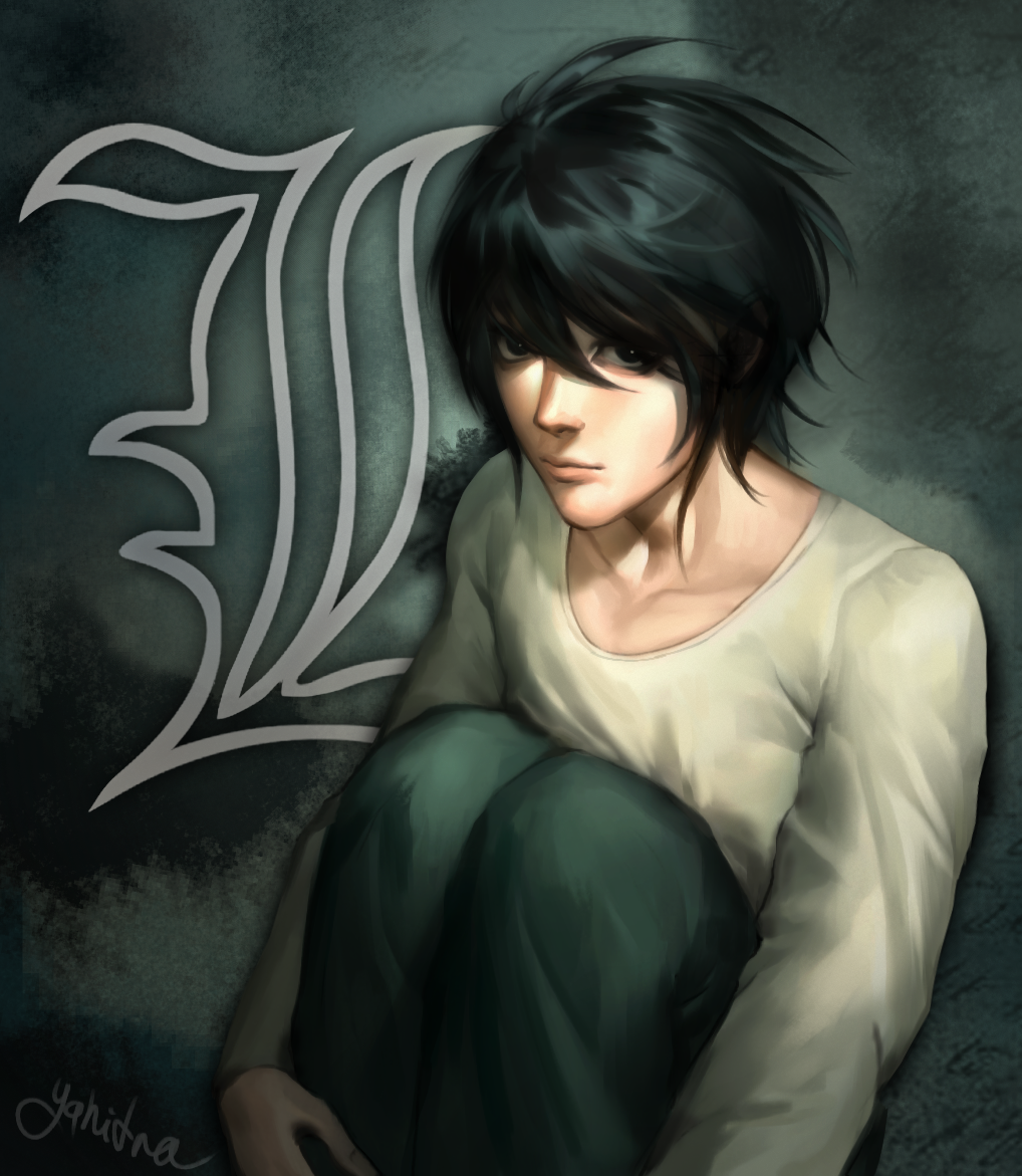 1boy black_eyes black_hair clip_studio_paint_(medium) death_note hair_between_eyes l_(death_note) long_sleeves male_focus nose pants realistic shirt solo white_shirt yahidna