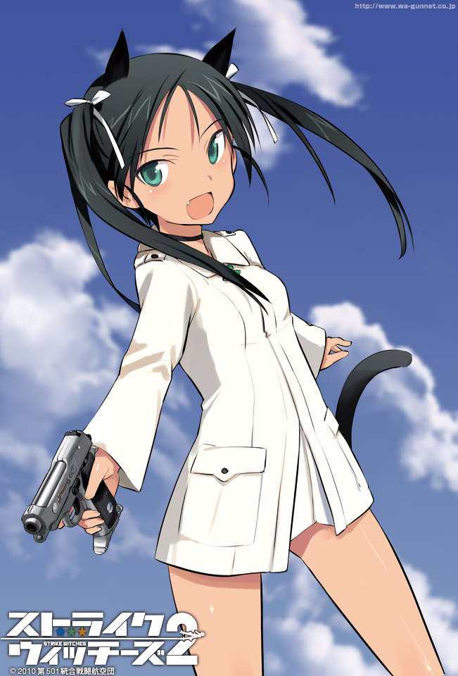 1girl aiming animal_ears beretta_m1934 black_hair blue_sky cloud cowboy_shot dark-skinned_female dark_skin day fang female_focus francesca_lucchini green_eyes gun hair_ribbon handgun jacket long_hair military military_jacket military_uniform official_art open_mouth panther_ears panther_tail promotional_art ribbon shimada_fumikane sky smile solo strike_witches tail twintails weapon white_ribbon world_witches_series