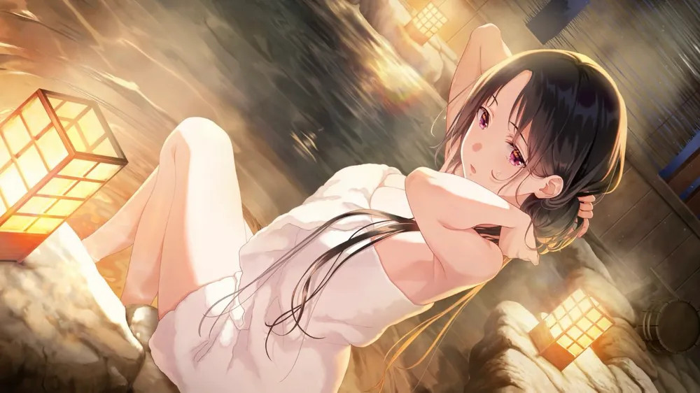 1girl arms_up black_hair breasts cleavage downscaled dutch_angle from_side game_cg idoly_pride large_breasts long_hair miho_(idoly_pride) naked_towel non-web_source official_art onsen open_mouth purple_eyes resized sitting thighs towel very_long_hair