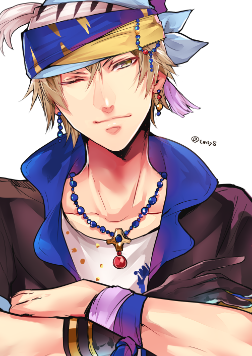 1boy asymmetrical_gloves bandana bead_necklace beads black_gloves black_jacket blonde_hair commentary_request crossed_arms earrings feather_hair_ornament feathers final_fantasy final_fantasy_vi floating_earrings gem gloves hair_beads hair_ornament high_collar jacket jewelry locke_cole male_focus necklace one_eye_closed open_clothes open_jacket pendant red_gemstone shirt short_hair short_sleeves smile solo tama_(tmfy5) twitter_username two-tone_wristband upper_body white_background white_feathers white_shirt yellow_eyes