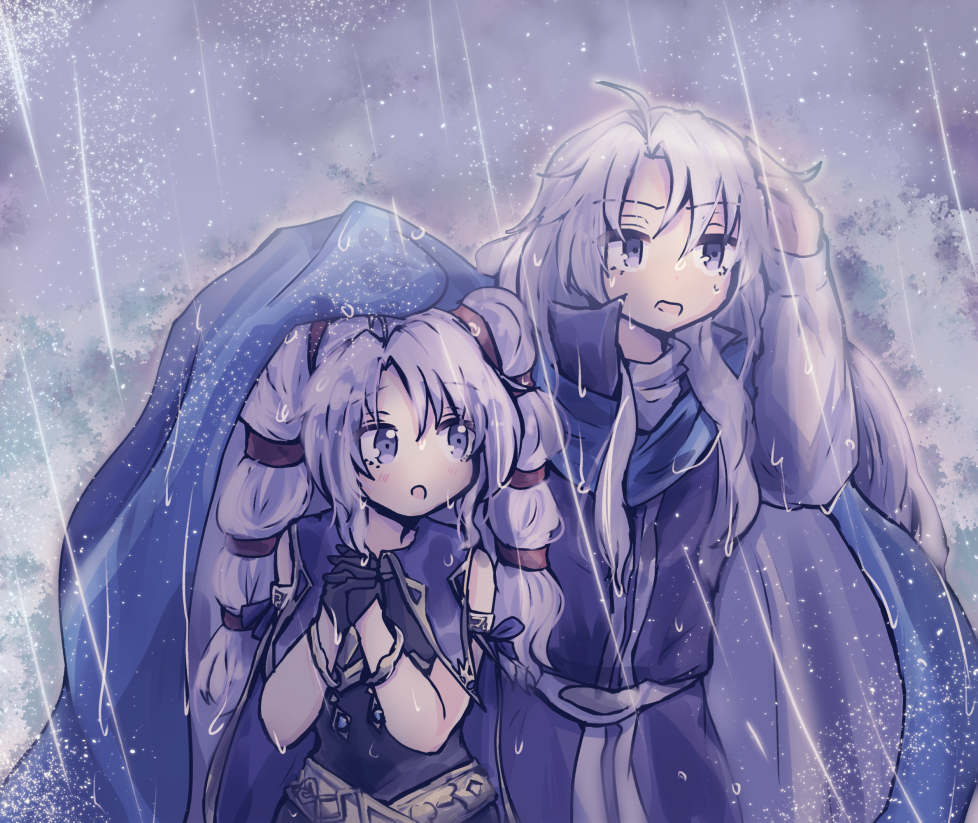 1boy 1girl :o ahoge arthur_(fire_emblem:_genealogy_of_the_holy_war) black_dress black_gloves blue_cloak blue_scarf blue_tunic bracelet brother_and_sister cloak cloud cloudy_sky cowboy_shot curtained_hair dress fire_emblem fire_emblem:_genealogy_of_the_holy_war furrowed_brow gloves gold_armlet gold_belt gold_bracelet hair_between_eyes hands_up improvised_umbrella jewelry light_blush long_hair long_sleeves looking_at_another multi-tied_hair nintendo own_hands_clasped own_hands_together parted_bangs puritan_collar purple_eyes purple_hair rain raised_eyebrows ryusei_0o0 scarf shirt siblings sky sleeveless sleeveless_dress tine_(fire_emblem) tree tunic turtleneck turtleneck_shirt twintails v-shaped_eyebrows very_long_hair wet wet_clothes wet_hair white_shirt