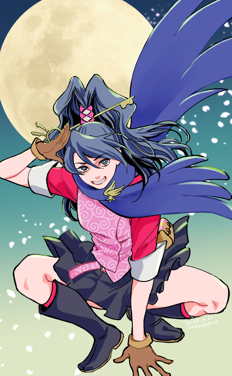 1girl ace_attorney black_boots black_skirt blue_scarf boots brown_gloves dated full_moon gloves hair_between_eyes high_ponytail highres karakusa_(pattern) kay_faraday key_hair_ornament long_hair moon nekowosuu ponytail salute scarf shirt skirt smile solo squatting teeth