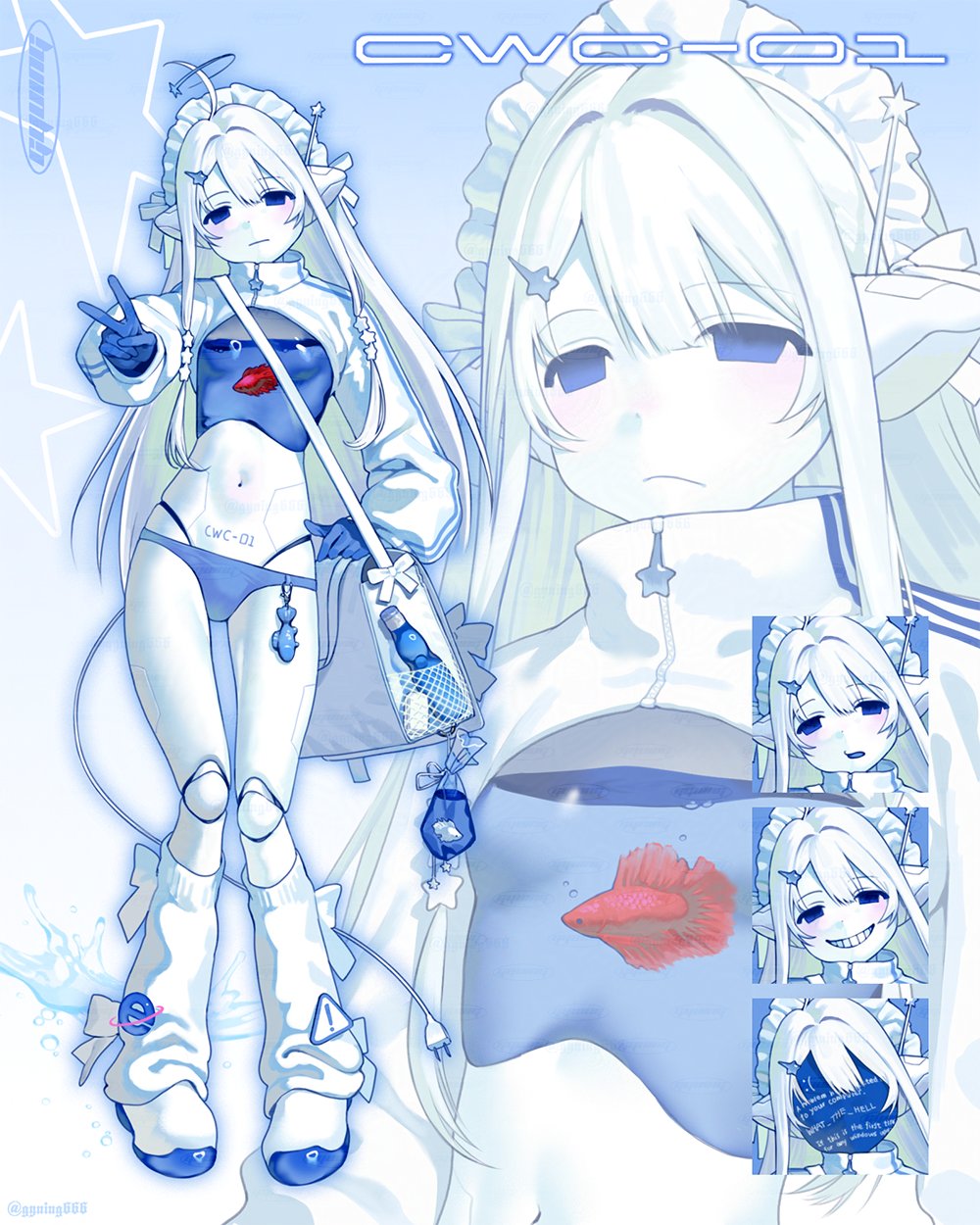 1girl :/ ahoge android antennae bag blue_background blue_eyes blue_screen_of_death bottle character_name charm_(object) colored_skin fish fish_tank full_body gradient_background gyuing666 hairband highres internet_explorer joints leg_warmers light_blush long_hair multiple_expressions multiple_views navel original panties portrait projected_inset robot_joints shoulder_bag sign star_(symbol) straight-on tenshi_kaiwai underwear upper_body v warning_sign water white_background white_hair white_skin