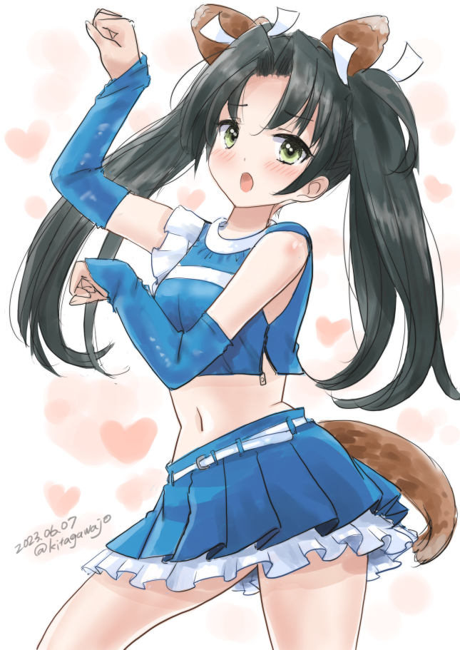 1girl animal_ears belt black_hair blue_shirt blue_skirt cheerleader crop_top dated detached_sleeves fake_animal_ears fox_ears fox_tail green_eyes heart heart_background hokkaido_nippon-ham_fighters kantai_collection kitagawa_mikio kitsune_dance layered_skirt midriff navel nippon_professional_baseball official_alternate_costume open_mouth paw_pose pleated_skirt shirt skirt sleeveless sleeveless_shirt solo tail twintails twitter_username white_belt zuikaku_(cheerleader)_(kancolle) zuikaku_(kancolle)