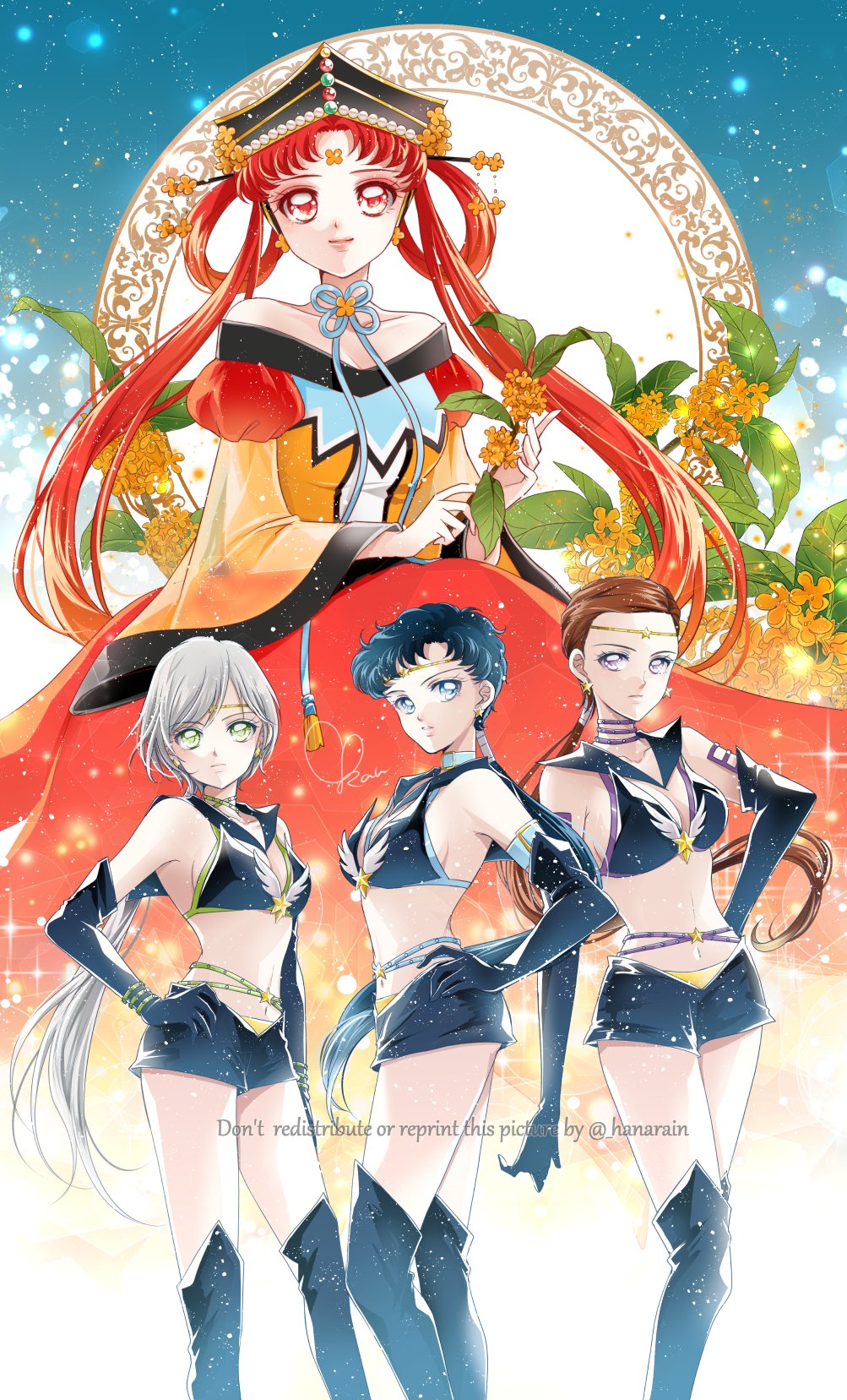 bare_shoulders bishoujo_senshi_sailor_moon bishoujo_senshi_sailor_moon_stars black_gloves black_hair blue_eyes boots brooch brown_hair choker circlet dress earrings elbow_gloves english_text facial_mark flower flower_facial_mark forehead_mark gloves green_eyes hair_rings hat highres jewelry long_hair looking_at_viewer magical_girl multiple_girls ponytail princess_kakyuu red_eyes red_hair sailor_collar sailor_star_fighter sailor_star_healer sailor_star_maker sarashina_kau seiya_kou shorts smile star_(sky) star_(symbol) taiki_kou thighhighs twintails very_long_hair white_hair wing_brooch yaten_kou