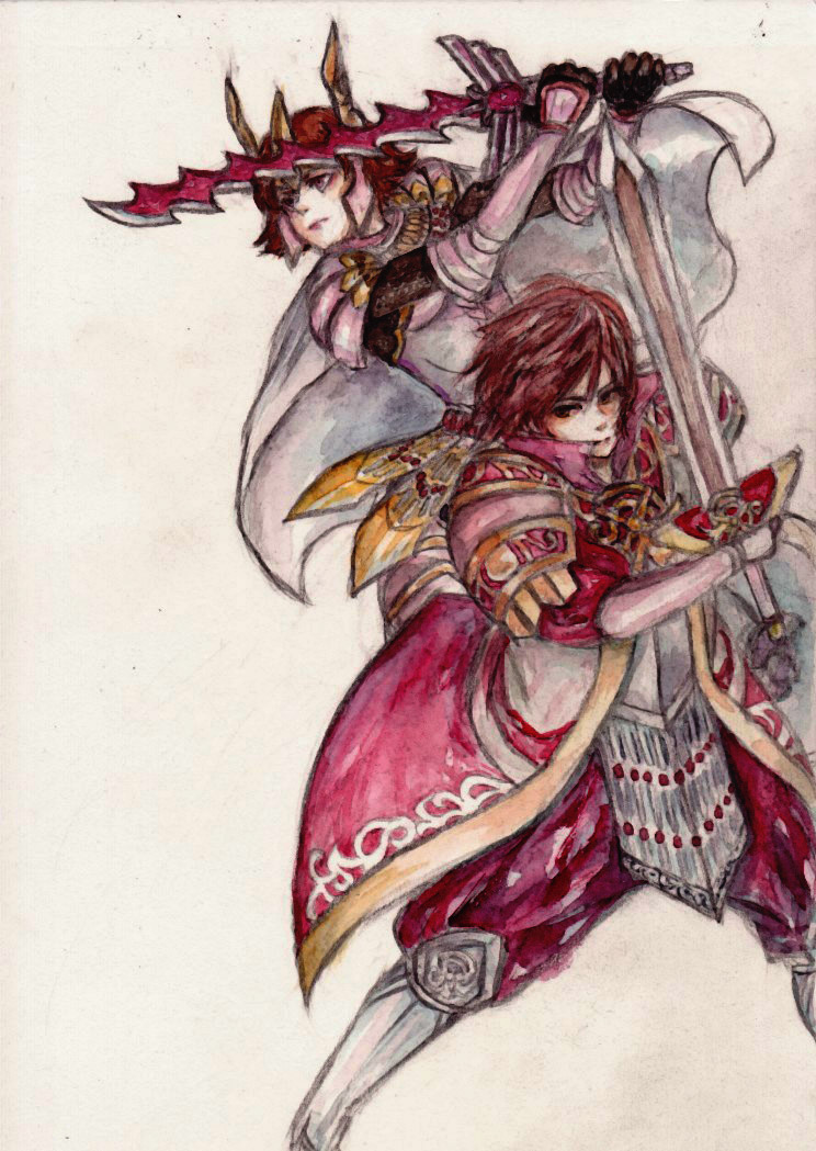 armor brown_hair cape coat husband_and_wife japanese_clothes sengoku_musou sword tachibana_ginchiyo tachibana_muneshige weapon