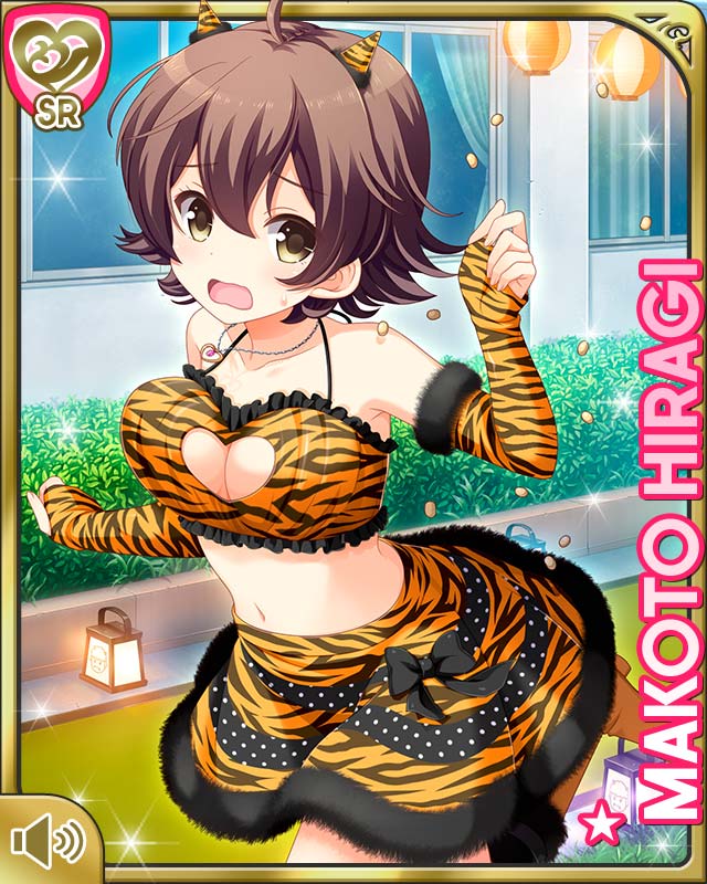 1girl ahoge black_bow bow breasts brown_eyes brown_hair card_(medium) character_name cleavage cleavage_cutout clothing_cutout cosplay day elbow_gloves girlfriend_(kari) gloves heart_cutout hiragi_makoto_(girlfriend_(kari)) horns midriff navel official_art oni oni_horns open_mouth orange_gloves orange_shirt orange_skirt outdoors panic qp:flapper shirt short_hair skirt solo tagme
