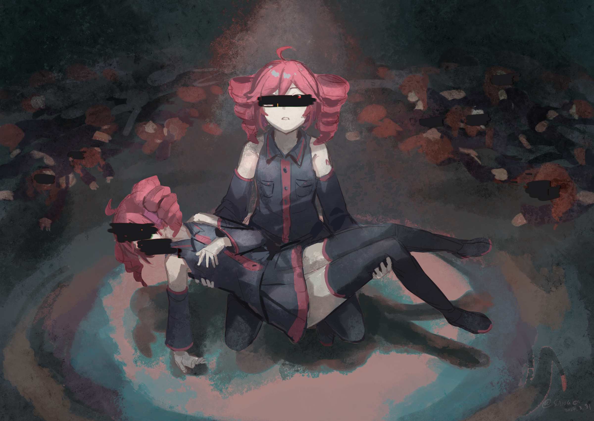 6+girls ahoge bar_censor black_boots black_skirt black_thighhighs boots breast_pocket buttons carrying carrying_person censored censored_identity chinese_commentary clone collared_shirt commentary_request death detached_sleeves drill_hair hair_between_eyes highres kasane_teto kasane_teto_(utau) lying miniskirt multiple_girls number_tattoo on_back on_stomach parted_lips pocket red_hair red_tattoo sang_yu_qwq shirt shoulder_tattoo skirt sleeveless sleeveless_shirt tattoo thigh_boots thighhighs twin_drills utau wing_collar
