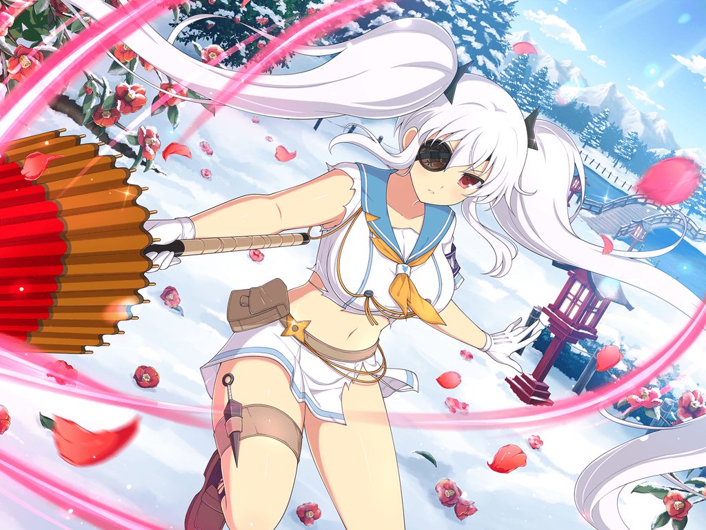 1girl architecture armband ascot belt_pouch blue_armband blue_sailor_collar blue_sky blush breasts bridge bush buttons cloud collarbone day double-breasted east_asian_architecture energy eyepatch falling_petals fir_tree flower gloves hair_ornament hanzou_academy_school_uniform holding holding_weapon horizon kunai lantern large_breasts leaf lens_flare light_particles light_rays long_hair looking_at_viewer midriff miniskirt motion_lines mountain mountainous_horizon navel official_alternate_costume official_art oil-paper_umbrella orange_ascot outdoors pagoda petals pine_tree plant pleated_skirt pouch red_eyes red_flower river sailor_collar scenery school_uniform senran_kagura senran_kagura_new_link senran_kagura_shoujo-tachi_no_shin&#039;ei serafuku shirt shuriken shuriken_hair_ornament sidelocks skirt sky snow socks solo sparkle sunlight thigh_strap torn_clothes torn_shirt torn_skirt torn_socks tree twintails umbrella v-shaped_eyebrows very_long_hair weapon white_gloves white_hair white_serafuku winter wooden_lantern yaegashi_nan yagyu_(senran_kagura)