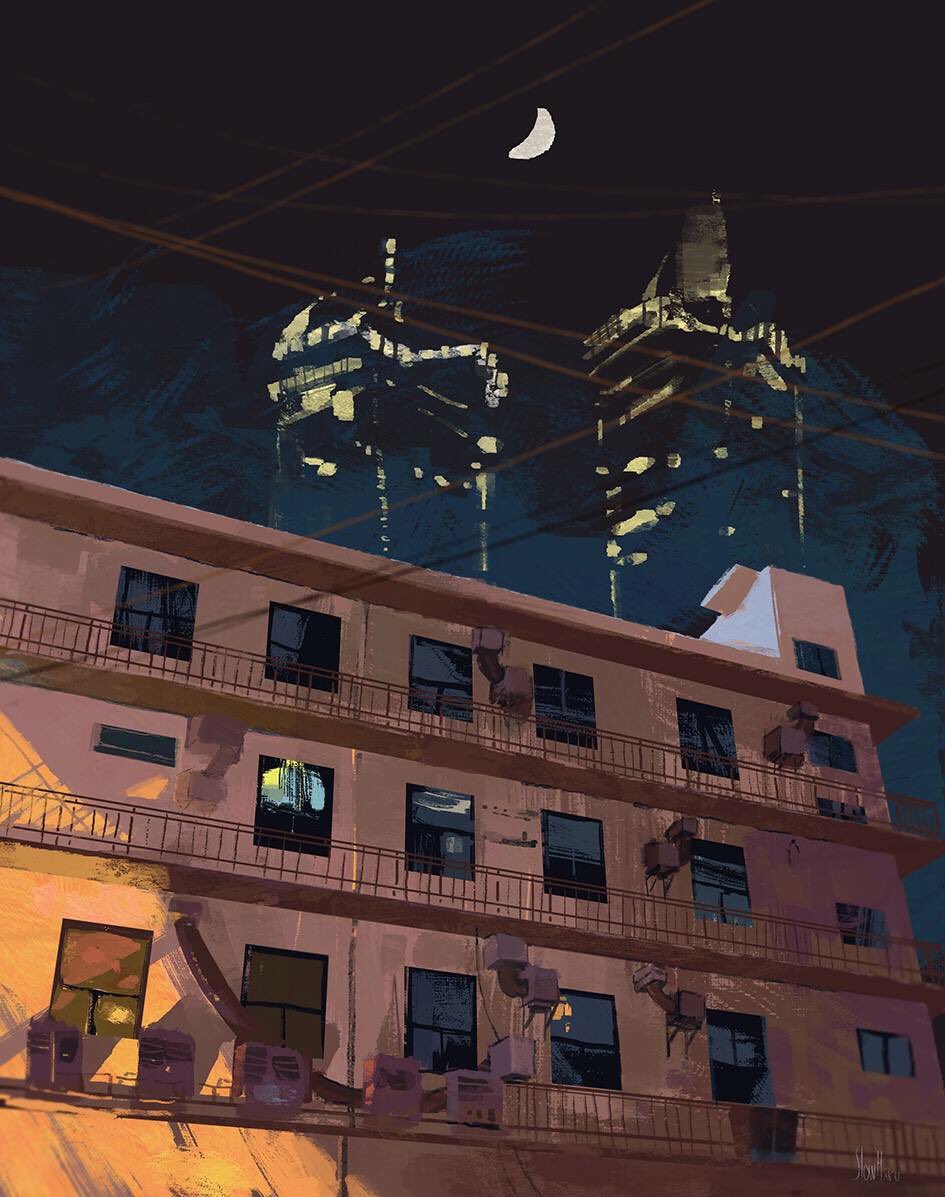 building cable crescent_moon moon night night_sky no_humans original platform power_lines sky skyscraper slow_d window