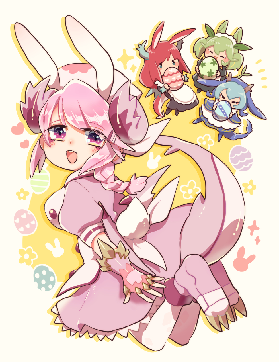 4girls animal_ears animal_feet apron blue_horns blue_kimono blush braid breasts closed_mouth dragon_claw dragon_girl dragon_horns dragon_tail dragon_wings dress duel_monster easter easter_egg eastern_dragon_horns egg fingerless_gloves gloves gohan_(horth-waribasi) green_eyes green_hair hair_ornament happy_easter hat heart highres holding holding_egg horns japanese_clothes kimono kitchen_dragonmaid large_breasts laundry_dragonmaid leaf leaf_on_head long_sleeves looking_at_viewer looking_back maid maid_apron multiple_girls nurse nurse_cap nurse_dragonmaid open_mouth parlor_dragonmaid pink_dress pink_eyes pink_hair rabbit_ears rabbit_tail red_hair short_sleeves short_twintails side_braid simple_background smile tail teeth twintails upper_teeth_only wa_maid white_apron white_background wings yu-gi-oh!