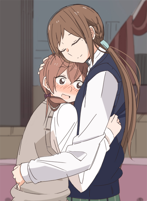 2girls aihara_miki blush bow braid brown_hair couple closed_eyes from_side hair_bow hand_on_another&#039;s_head hug long_hair long_sleeves low_twintails maki_seina miya_(miyabi_24) multiple_girls okujou_no_yurirei-san open_mouth smile twintails upper_body vest yuri