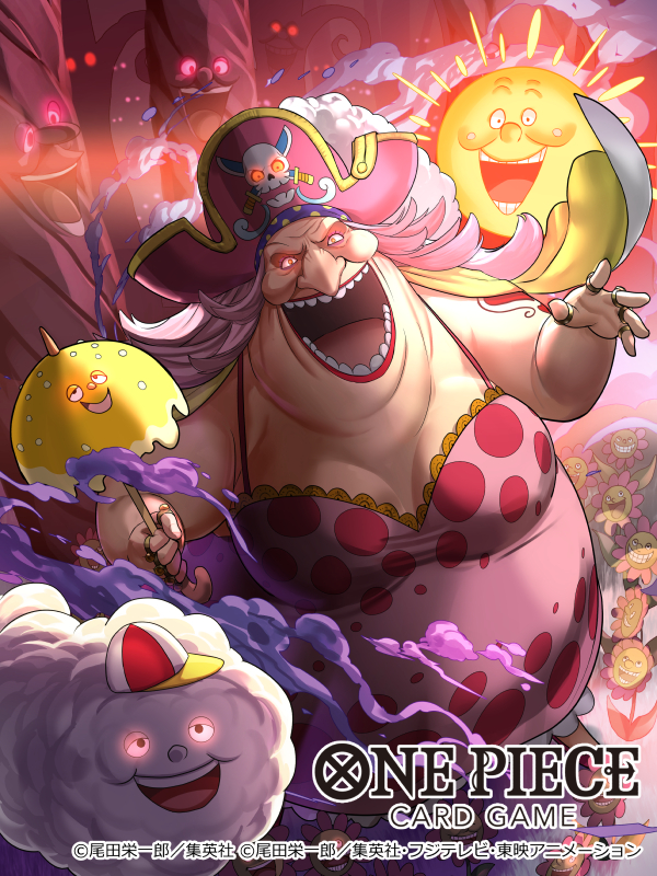 1girl adachi_yousuke arm_tattoo cape charlotte_linlin commentary_request copyright_name dress evil_smile flower hat jewelry looking_at_viewer multiple_others napoleon_(one_piece) official_art one_piece one_piece_card_game open_mouth pink_dress pink_hair pink_hat pirate_hat prometheus_(one_piece) red_eyes red_lips ring round_teeth smile tattoo teeth translation_request yellow_cape zeus_(one_piece)