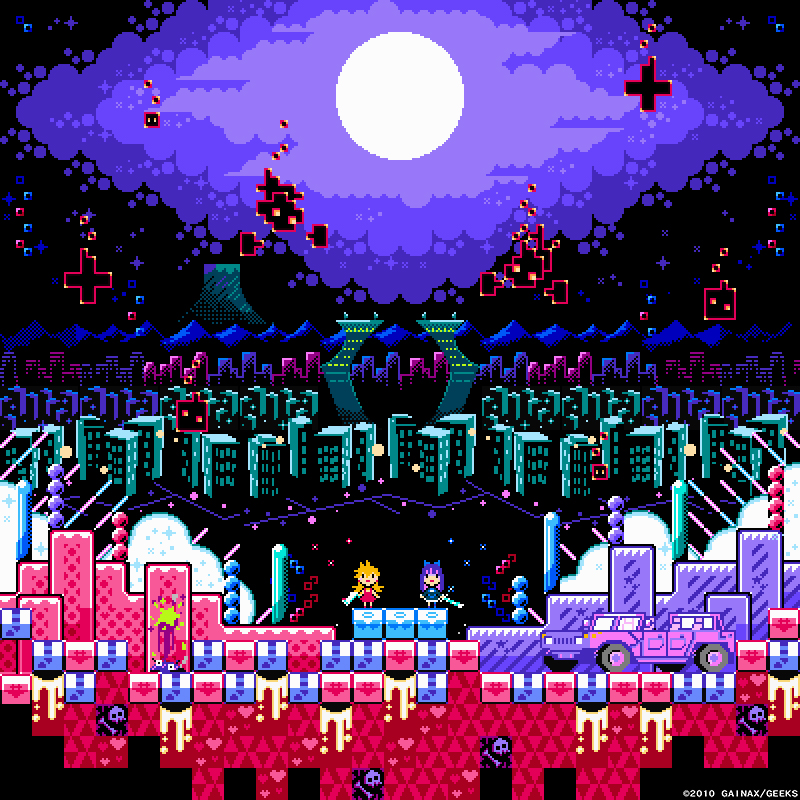 10s 2girls building chuck_(psg) city cityscape gainaxtop heart hummer m7kenji moon motor_vehicle multiple_girls official_art panty_&amp;_stocking_with_garterbelt panty_(psg) pixel_art see-through_(psg) siblings sisters skull stocking_(psg) vehicle