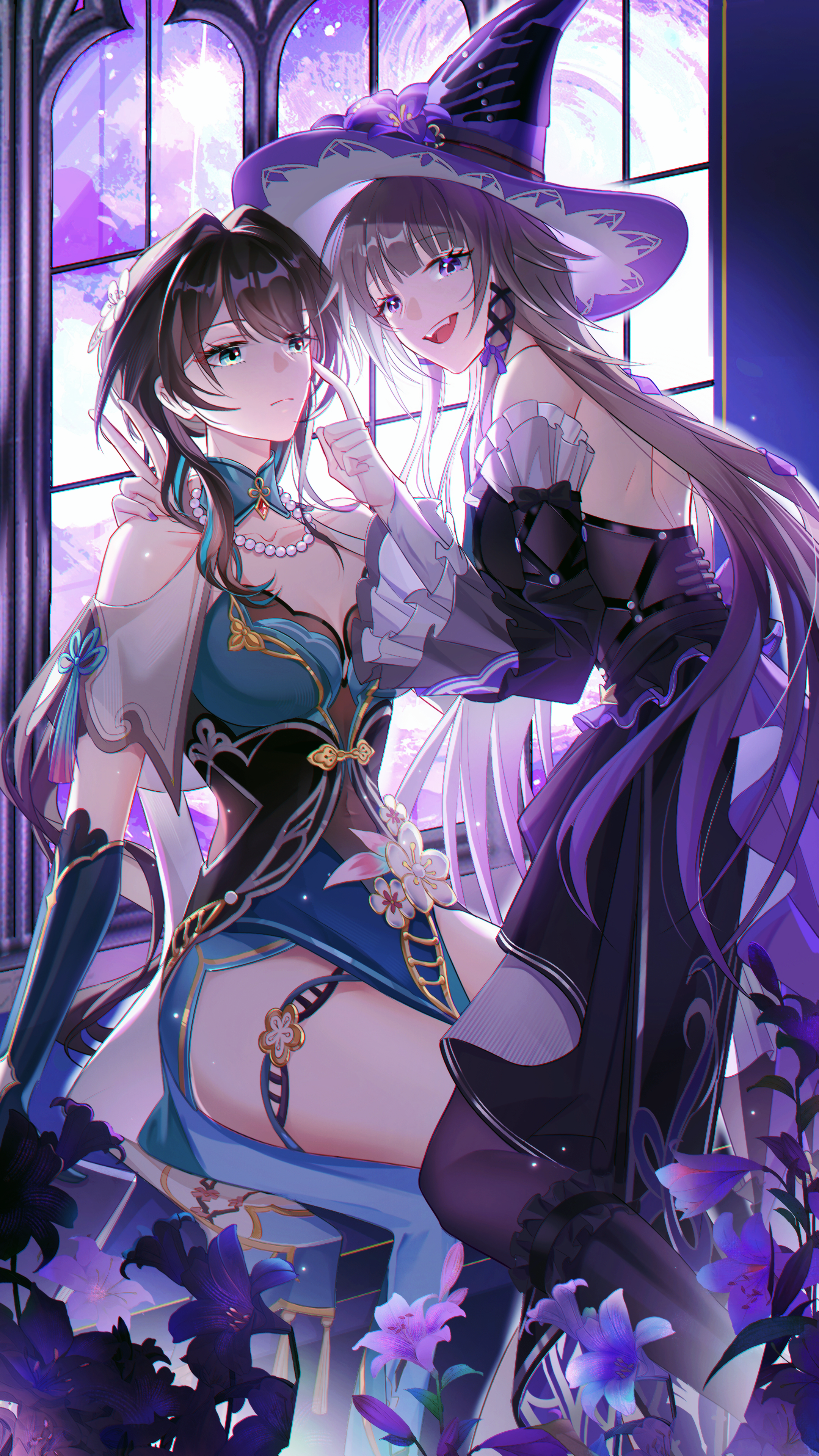 2girls absurdres aqua_dress aqua_eyes bare_shoulders black_dress black_hair black_hat breasts brown_hair brown_pantyhose china_dress chinese_clothes cleavage closed_mouth clothing_cutout detached_sleeves dress flower gloves hair_between_eyes hair_ornament hat herta_(honkai:_star_rail) highres honkai:_star_rail honkai_(series) jewelry long_hair looking_at_viewer medium_breasts multiple_girls official_alternate_costume open_mouth pantyhose purple_eyes ruan_mei_(honkai:_star_rail) shenjudongmandabanban shoulder_cutout smile the_herta_(honkai:_star_rail) very_long_hair witch_hat yuri