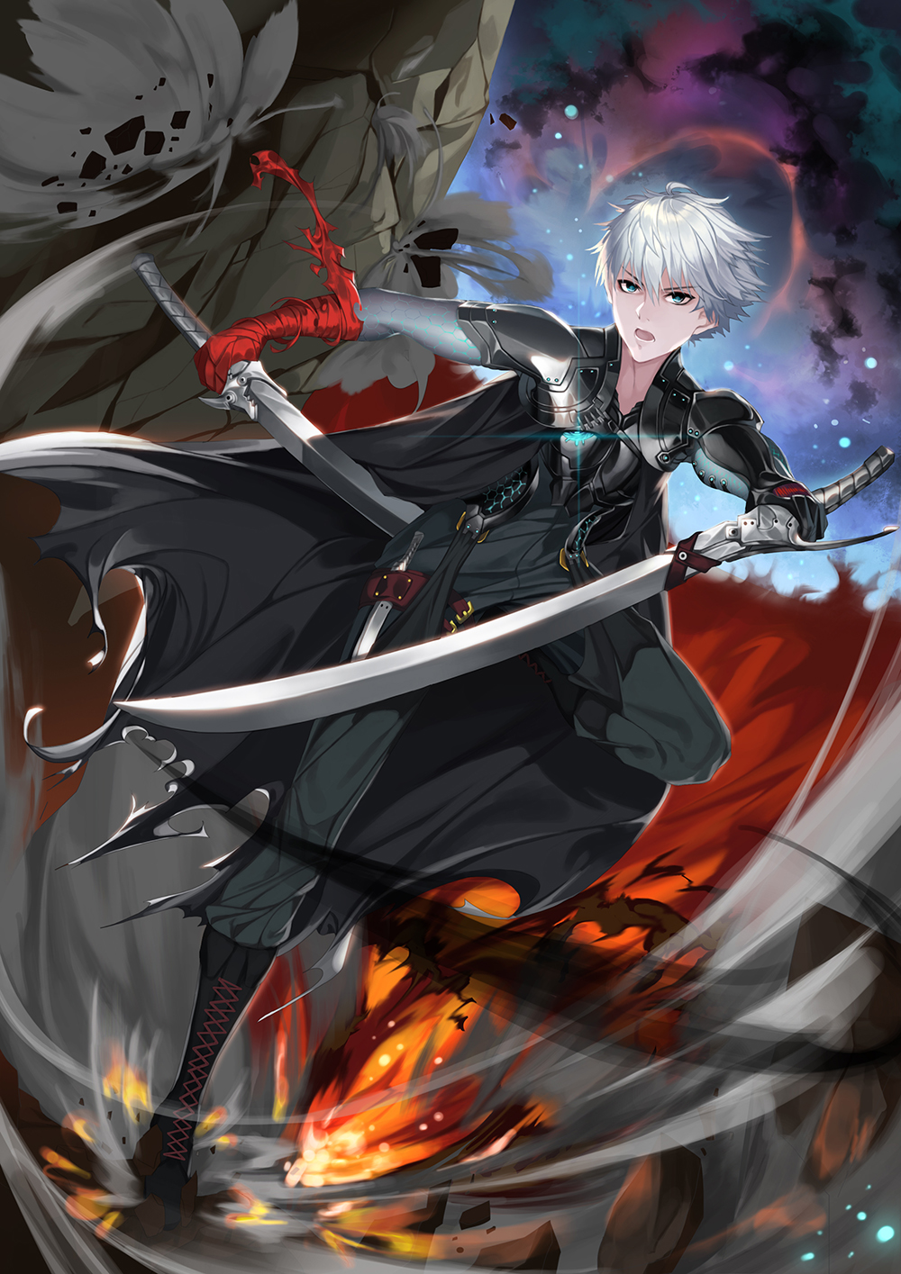 1boy aowltus209 arm_wrap bad_id bad_pixiv_id black_coat blue_eyes boots coat cyborg dual_wielding fire fire glowing_cracks highres holding holding_sword holding_weapon knife knife_sheath knife_sheath looking_at_viewer male_focus mechanical_arms milky_way night open_mouth original rock sheath silver_hair sky smoke solo star_(sky) stomping sword weapon