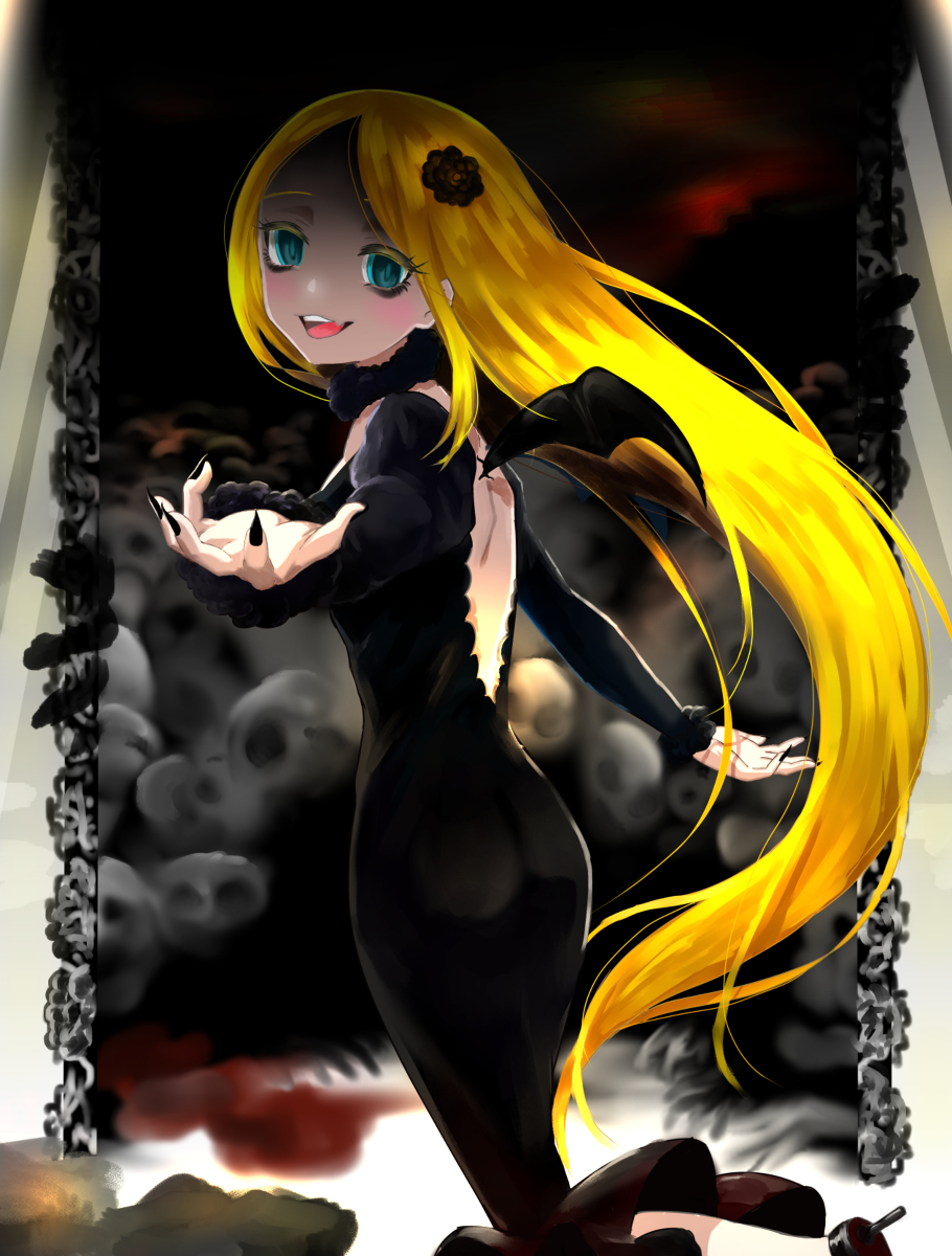 1girl aoikun bat_wings black_dress black_nails black_neckwear blonde_hair blue_eyes corpse demon_girl demon_wings dress empty_eyes fur_trim hair_ornament highres looking_at_viewer nail_polish overlord_(maruyama) renner_theiere_chardelon_ryle_vaiself sharp_nails skull wings yandere