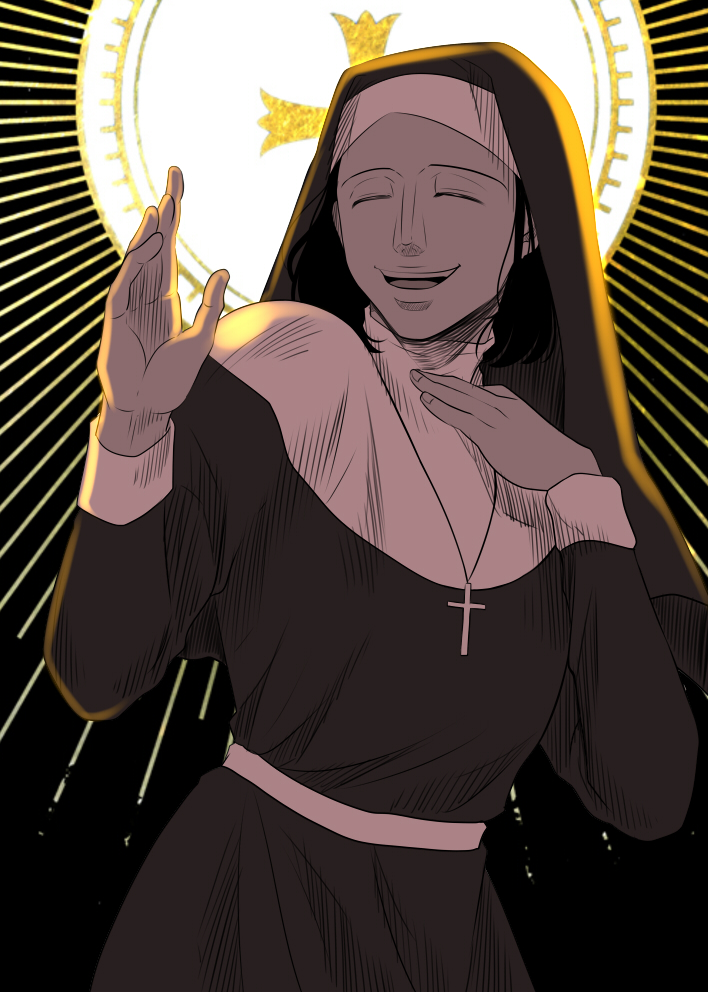 1boy ^_^ black_background black_hair catholic closed_eyes cross cross_background cross_necklace cross_patonce habit history1357 hunter_x_hunter jewelry long_sleeves male_focus medium_hair necklace nun smile solo traditional_nun upper_body yokotani_(hunter_x_hunter)