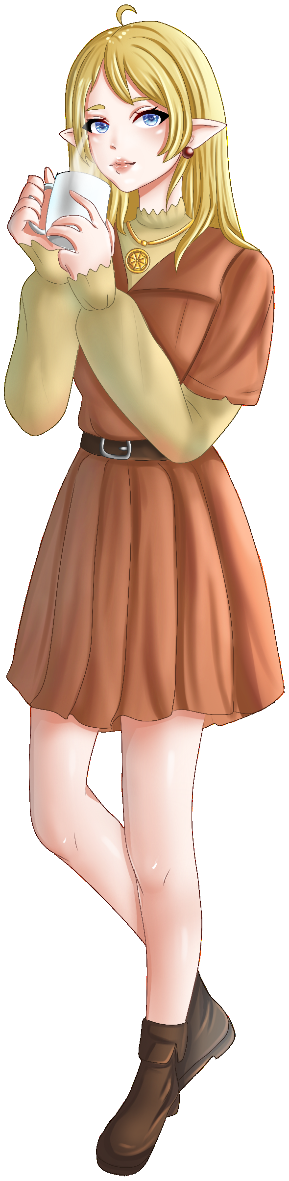1girl absurdres ahoge belt blonde_hair blue_eyes boots brown_belt brown_dress coffee coffee_mug commission commissioner_upload cup dress earrings elf hair_behind_ear highres holding holding_coffee_mug holding_cup jewelry long_hair long_image long_sleeves looking_at_viewer lotte_farona mug necklace official_art pointy_ears polyaaaa smile solo sweater tall_image ways_of_darkness_(series)