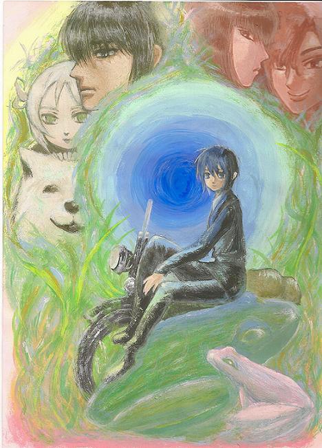 00s 2boys 3girls androgynous animal artist_request black_eyes black_hair dog everyone expressionless green_eyes hermes_(kino_no_tabi) kino_(kino_no_tabi) kino_no_tabi master_(kino_no_tabi) md5_mismatch multiple_boys multiple_girls partner_(kino_no_tabi) shizu_(kino_no_tabi) short_hair sky tagme white_hair