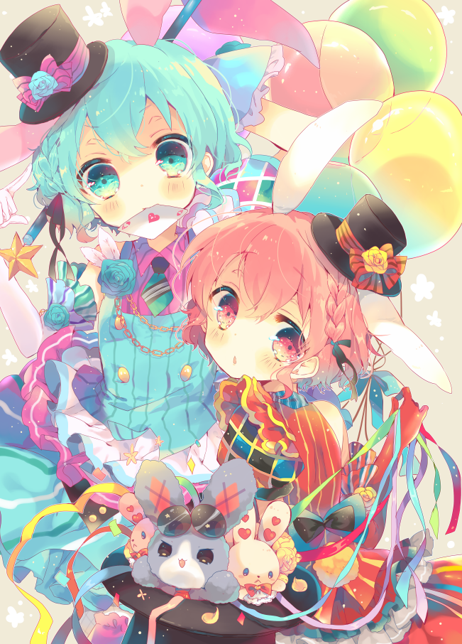 1boy 1girl ace_(playing_card) animal_ears aqua_eyes aqua_hair bad_id bad_pixiv_id balloon blue_flower blue_rose bow braid brother_and_sister card chain dorothy_west dress elbow_gloves flower gloves hat reona_west looking_at_viewer mini_hat mini_top_hat mouth_hold necktie nekoto_rina pink_eyes pink_hair playing_card pretty_series pripara rabbit_ears red_gloves rose short_hair siblings single_elbow_glove streamers stuffed_animal stuffed_rabbit stuffed_toy top_hat trap twins usagi_(pripara) white_gloves yellow_flower yellow_rose