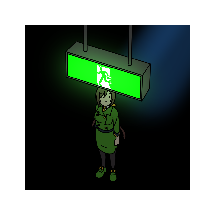 1girl arms_at_sides black_background black_pantyhose border brown_hair buttons closed_mouth double-breasted exit_sign expressionless formal_clothes from_above full_body green_footwear green_jacket green_skirt green_suit hayakawa_tazuna jacket kashinoki_(koaaski) long_hair long_sleeves looking_at_viewer looking_up necktie pantyhose simple_background skirt skirt_suit solo suit umamusume white_border yellow_necktie |_|