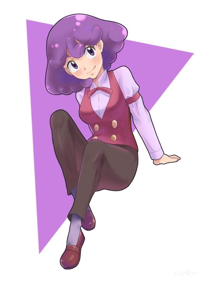 1girl black_pants bow bowtie breasts brown_footwear burgundy_(pokemon) eyes_visible_through_hair female_focus kijouyu long_sleeves looking_at_viewer medium_breasts nintendo pants pokemon pokemon_(anime) pokemon_bw_(anime) purple_eyes purple_hair red_bow red_bowtie red_vest short_hair simple_background sitting smile socks solo triangle vest white_background white_socks