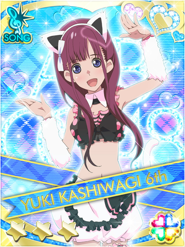 1girl :d akb0048 animal_ears apron black_camisole blue_background blue_eyes bow camisole cat_ears cat_tail character_name fake_animal_ears fanged_bangs frilled_apron frilled_camisole frills hair_bow hands_up heart kashiwagi_yuki_(akb0048) long_hair looking_at_viewer navel non-web_source official_art open_mouth puffy_shorts purple_hair shorts smile solo sparkle standing star_(symbol) tail waist_apron white_bow white_shorts white_tail
